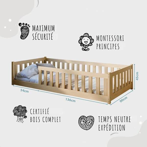 Lit d'Enfant Montessori 90x190 cm avec Protection Contre les Chutes & Sommier à Lattes - Lit à Barreaux pour Enfants et Adolescents
