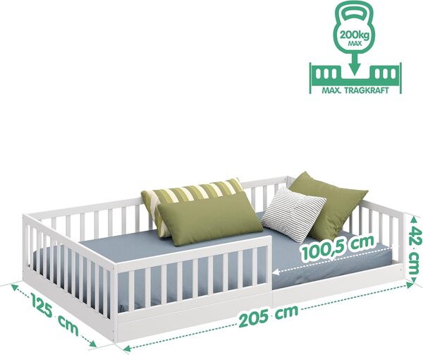 CADANI Timi 2en1 Lit au Sol 120x200 cm Lit Enfant Montessori avec Barrière de Sécurité et Sommier à Lattes, Bois Massif Pin, Blanc, 3 Variantes de Construction, Transformable