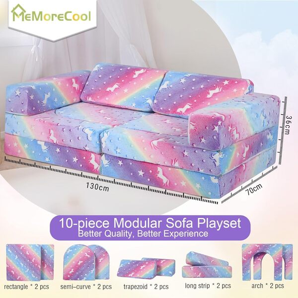 MeMoreCool Canapé modulaire phosphorescent 10 pièces pour enfants, canapé modulaire pour salle de jeux, chambre à coucher, canapé de jeu pliable pour fille et garçon, canapé modulable en mousse,