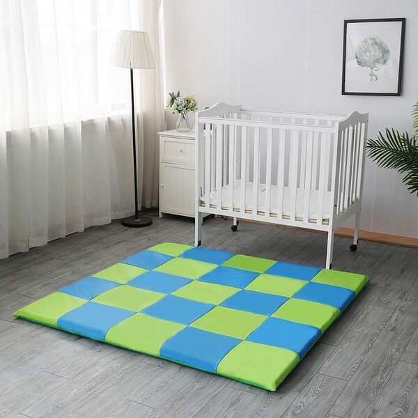 Tapis de jeu XXL pour bébé ou enfant - Très confortable (rembourrage en mousse viscoélastique), lavable et imperméable - Carreaux verts et bleus - 148 x 148 cm