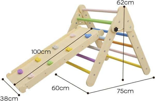 Benarita Aire de Jeux Triangle Arc-en-Ciel 2 en 1 – Ensemble de Cadres d'escalade intérieur Pliables – Jouet Montessori – Triangle d'escalade en Bois avec Rampe coulissante pour Les Tout-Petits