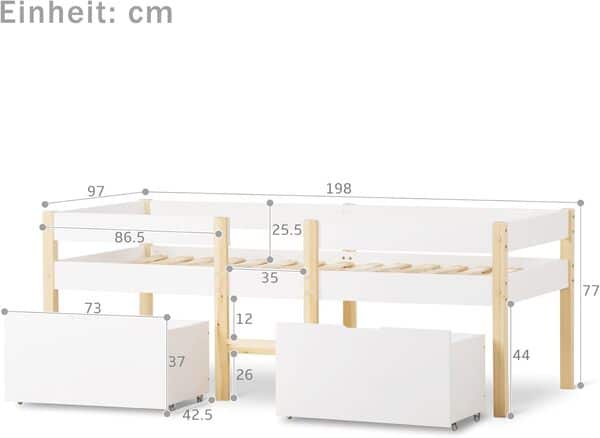Merax Lit pour enfant, avec tiroir et protection anti-chute, lit d'appoint, pour garçons et filles, en bois massif et plateau en bois, avec sommier à lattes, 90 x 190 cm, blanc