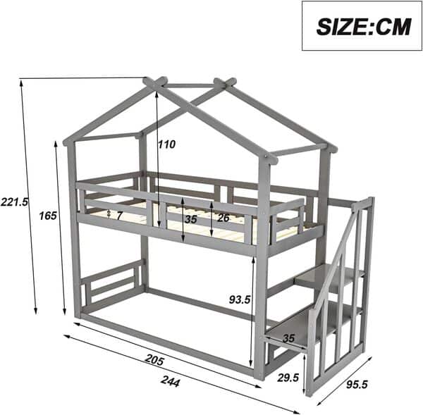 Lit Enfant 90 * 200 cm,Cadre de lit pour Enfants Lit superposé Bas avec échelle de sécurité en Bois Massif avec sommier à Lattes(Matelas Non Inclus) Gray