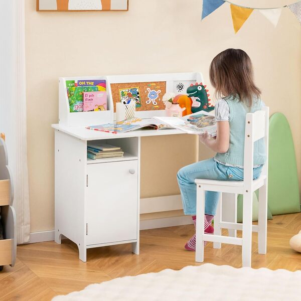 COSTWAY Bureau Enfant avec Chaise & Bibliothèque & Tableau d'Affichage, Table Enfant en Bois avec Espace de Rangement, Hauteur Raisonnable 61 cm, Aspect Moderne pour Enfants de 3+ Ans