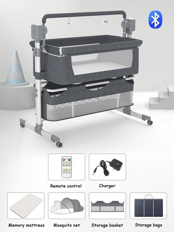 Nine point nine Électrique Bluetooth Intelligent Lit Cododo Bebe, Berceau Bébé Convertible Co-Sommeil, Berceau Cododo, Lit Bebe avec Matelas Musique 5 Engrenages Balancement (601 Grey)
