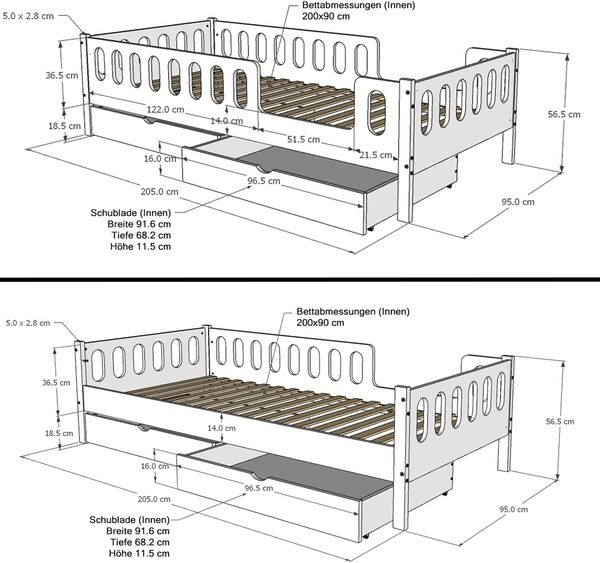 Lars Lit Enfant 90x200 cm Blanc Barriere de Protection Amovible avec 2 Tiroir, 40 kg de Poids, Supporte jusqu'à 150 kg, Sommier à Lattes de Qualité sur roulettes, Convertible en Lit pour Adolescents.