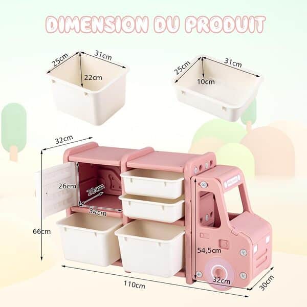DREAMADE Étagère Rangement Enfant en Forme Camion avec 4 Bacs Amovibles&1 Cabinet,Meuble de Rangement en HDPE avec Coins Arrondis pour Salle de Jeux,Chambre,Salon(Camion Rose)