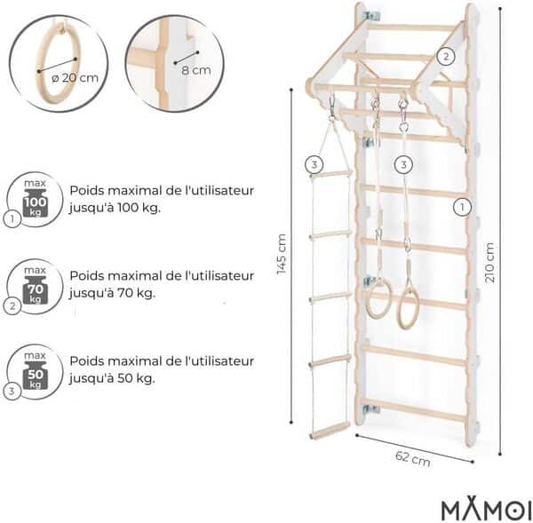 MAMOI® Espalier Mural 210 cm pour Adultes, échelle de Gymnastique en Bois avec Barre de Traction, Anneaux et échelle de Corde, Set d’entraînement Maison et Salle de Sport