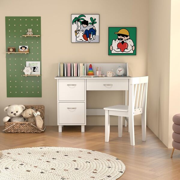 GOPLUS Bureau Enfant d'Étude en Bois Fille Garçon, Chaise Bureau Enfant pour Dessiner, Lire, Poste de Travail Multifonctionnel, Table d'apprentissage Scolaire avec Armoire de Rangement (Blanc)