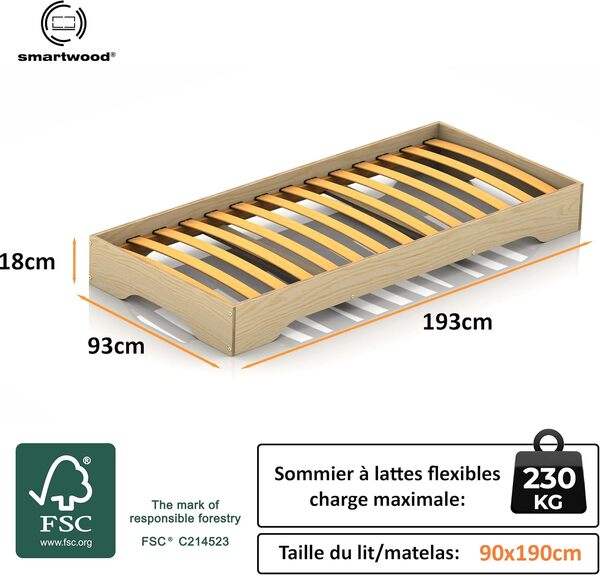 smartwood Lit au Sol Enfant 90x190 - Lit Montessori en Bois de Pin Certifié FSC avec Sommier à Lattes Flexibles Jusqu’à 230 kg pour Garçons & Filles - Montage Facile - TILA 7