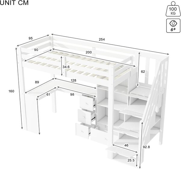 Lit superposé Enfant 90x200 avec Tiroirs,lit Mezzanine 1 Place 90x200,lit cabane Enfants,lit superposé 1 Places,lit superposé avec Bureau,lit Mezzanine escalier,lit Enfant avec Barriere