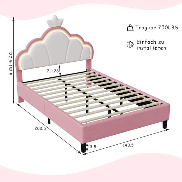 Lit Enfant Rembourré 140x200 cm avec LED pour Fille Adolescent, avec tête de lit réglable et sommier à Lattes, Design Couronne de Princesse en Velours Rose (sans Matelas)