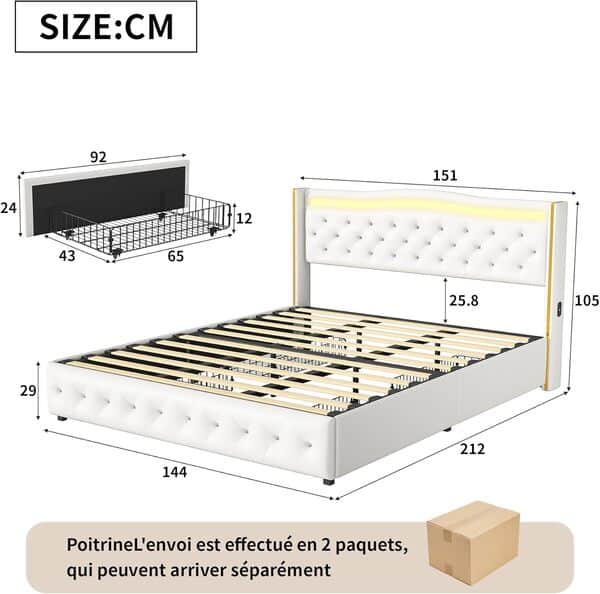 Générique Lit 140x200 Double avec Sommier, 4 Tiroirs de Rangement, Recharge USB, Lattes en Bois, Tête Capitonnée, Éclairage LED - Blanc (Blanc, 140x200 cm)