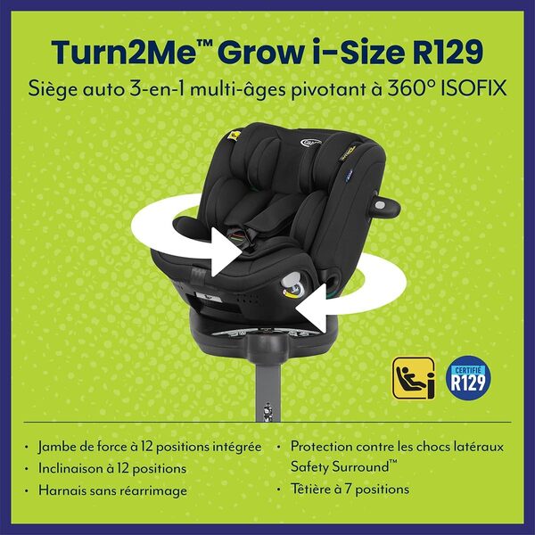Graco Turn2Me Grow i-Size R129, siège auto 3-en-1 multi-âge rotatif à 360° ISOFIX, de 40 à 125 cm (de la naissance jusqu'à environ 7 ans), harnais à 5 points
