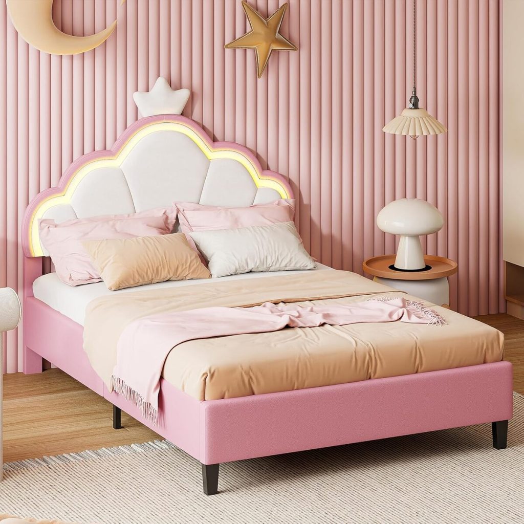 Test du bursdany lit enfant LED 140x200 cm : design princesse en velours rose