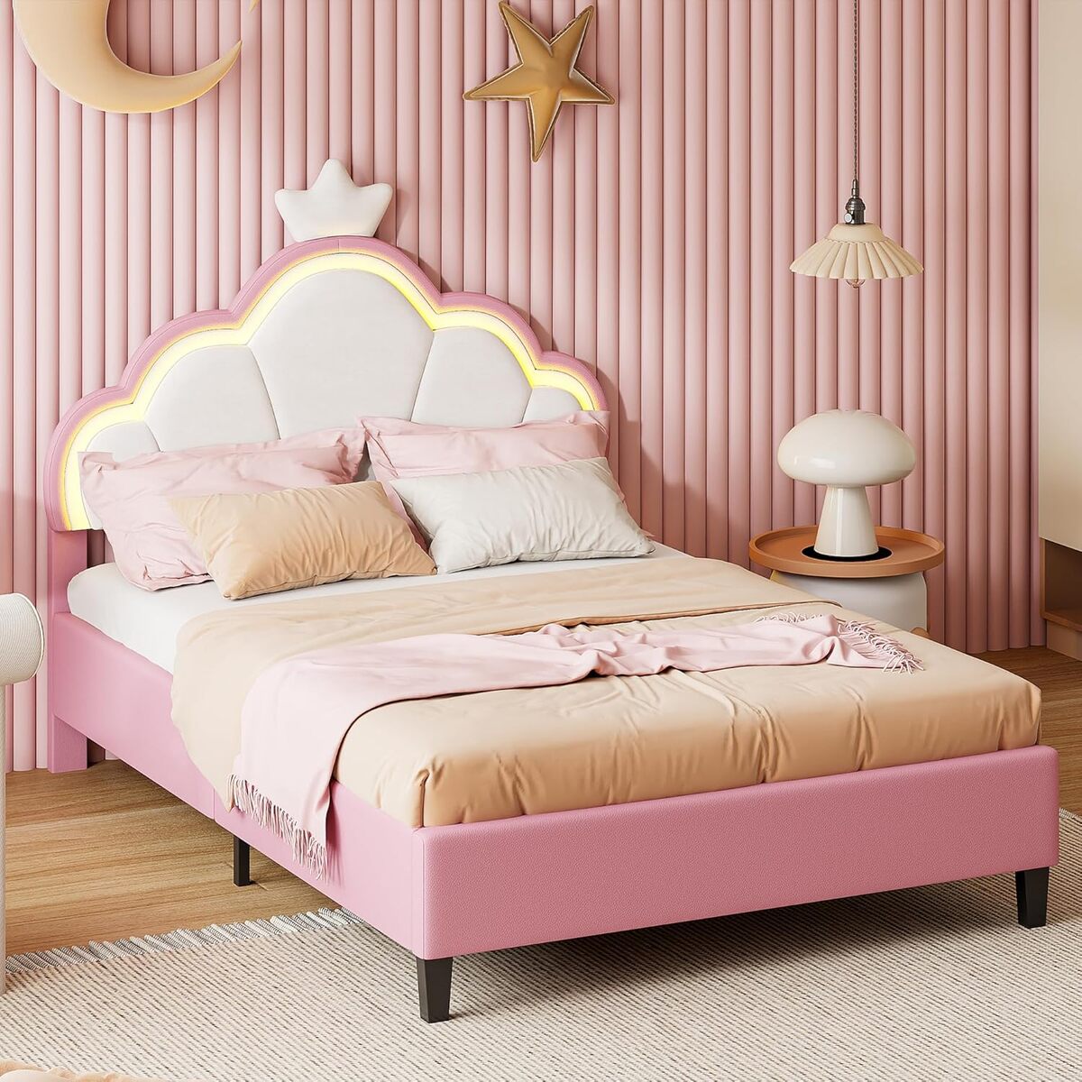 Test du bursdany lit enfant LED 140x200 cm : design princesse en velours rose