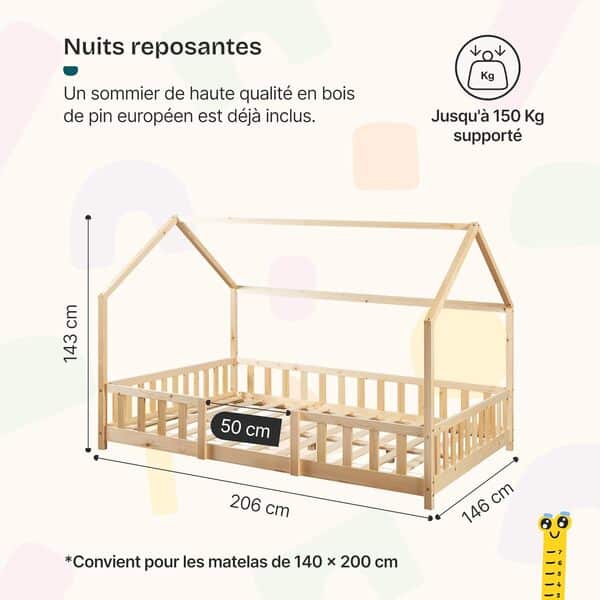 [en.casa] Lit Cabane Lit Enfant en Forme de Maison avec Sommier à Lattes avec Grille de Protection Confortable Capacité de Charge 150 kg Bois de Pin Contreplaqué 140 x 200 cm Naturel