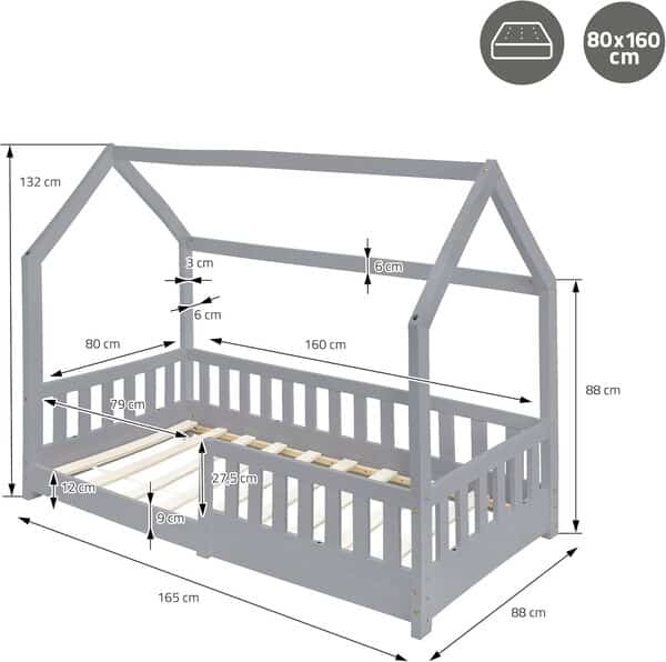 ML-Design Lit Cabane Enfant 80x160 cm Gris Clair avec Matelas, Protection Contre la Chute, Toit et Sommier à Lattes, en Bois Massif, Style Maison, Couchage au Sol Maisonnette pour Fille Garçon
