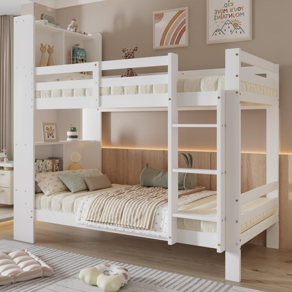 Test du lit superposé OOIILLEE avec étagères en bois blanc