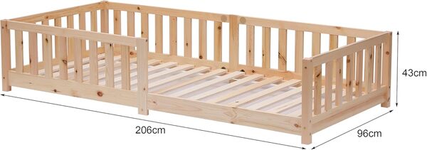ecomi® Lit enfant 90 x 200 cm / 80 x 160 cm en pin massif avec protection antichute et sommier à lattes, lit Montessori en blanc naturel pour garçons et filles