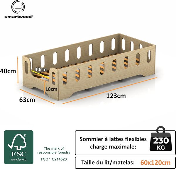 smartwood Lit Enfant 60x120 cm - Lit au Sol Enfant en Bois Naturel avec Barrière de Sécurité et Sommier - Charge Jusqu’à 230 kg - Lits Montessori pour Garçons et Filles - TILA 2B Vert