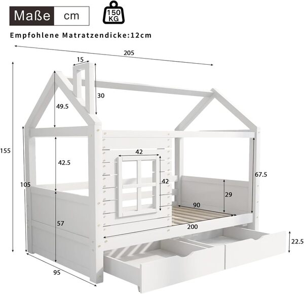 KOMHTOM Lit Cabane en Bois lit d'enfant avec 2 Tiroirs de Rangement Cadre de Lit Support à Lattes pour Filles et Garçons, Blanc(sans Matelas) (90x200cm)