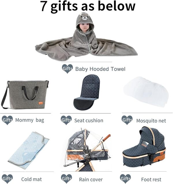 MoLi Poussette 3 en 1 avec Mode Double Poussée Réversible, Nacelle Grande, Cadre en Alliage d'Aluminium Pliable Haut Paysage (225 Black Gold)