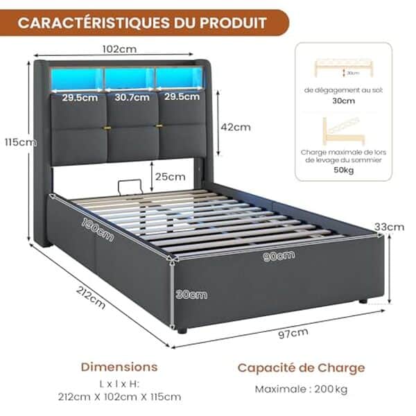 Explorez les caractéristiques du lit coffre Dictac 90x190 avec LED et rangements intégrés. Transformez votre espace avec style et fonctionnalité grâce à ce mobilier innovant et pratique.