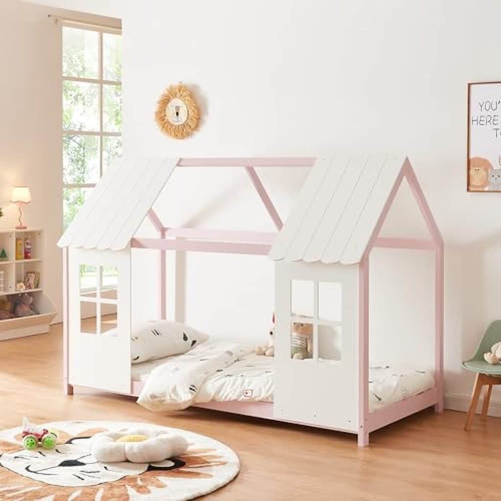 Avis : cabane-lit enfant en casa rose et blanche 90x200 cm