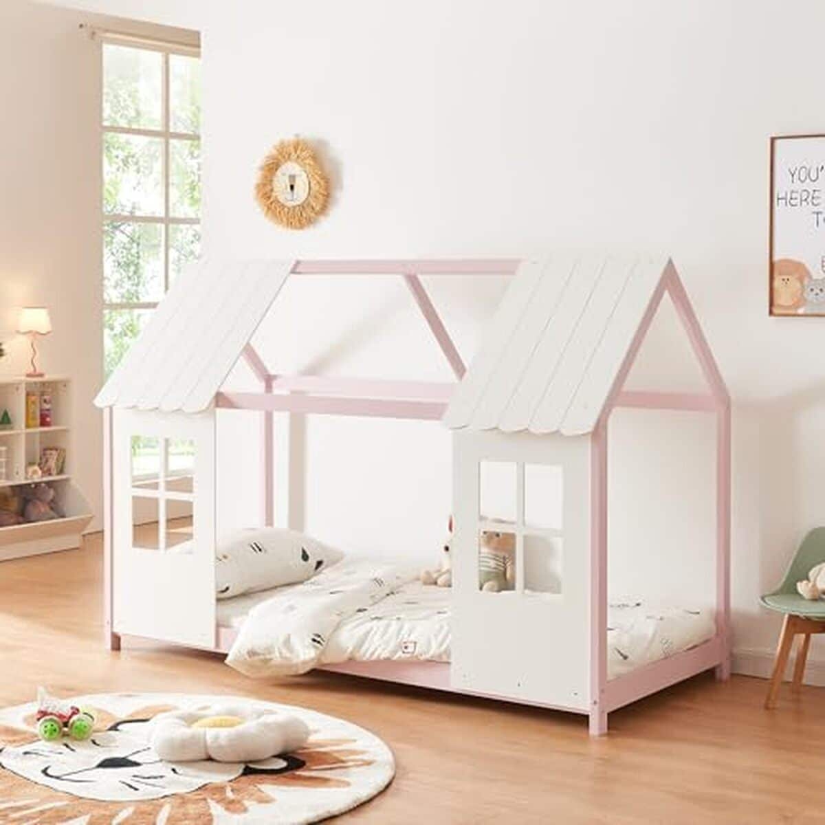 Avis : cabane-lit enfant en casa rose et blanche 90x200 cm