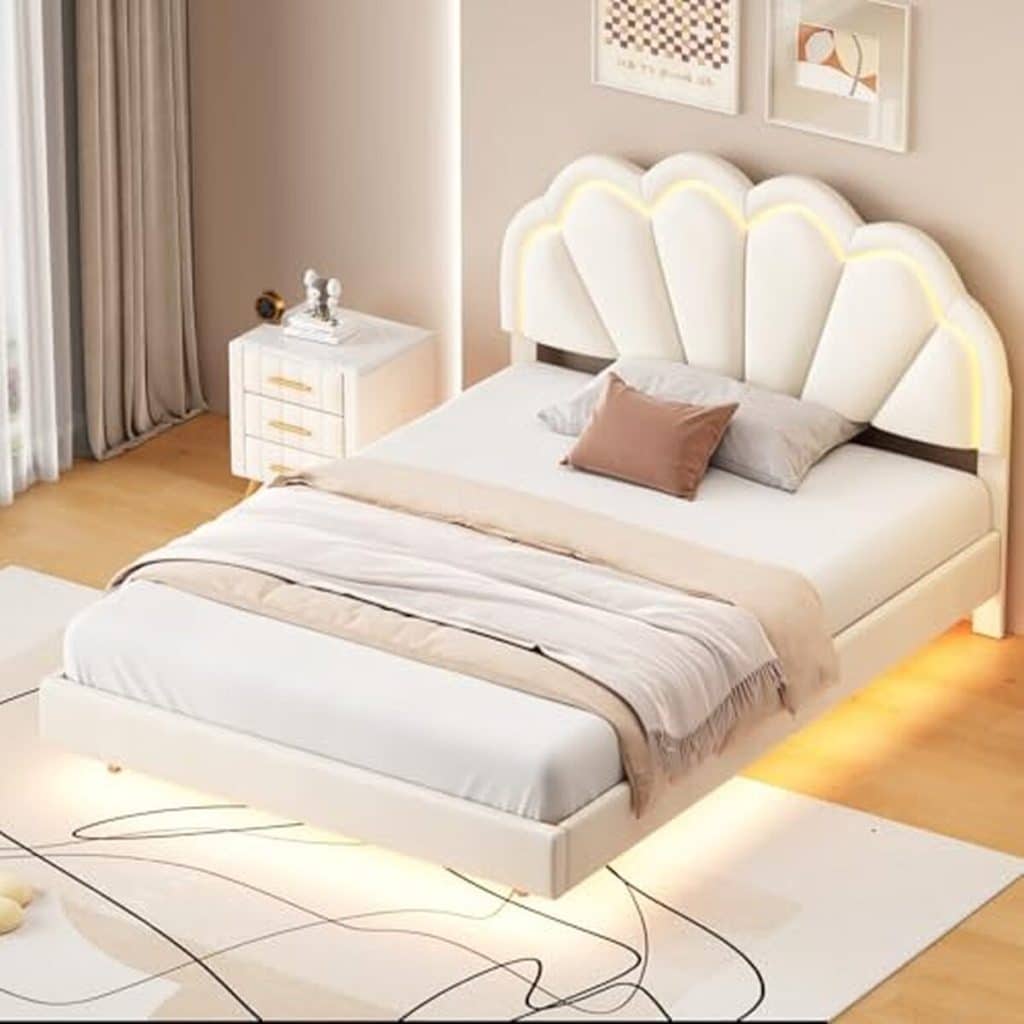 Avis sur le lit double FEEOHOME LED en velours beige
