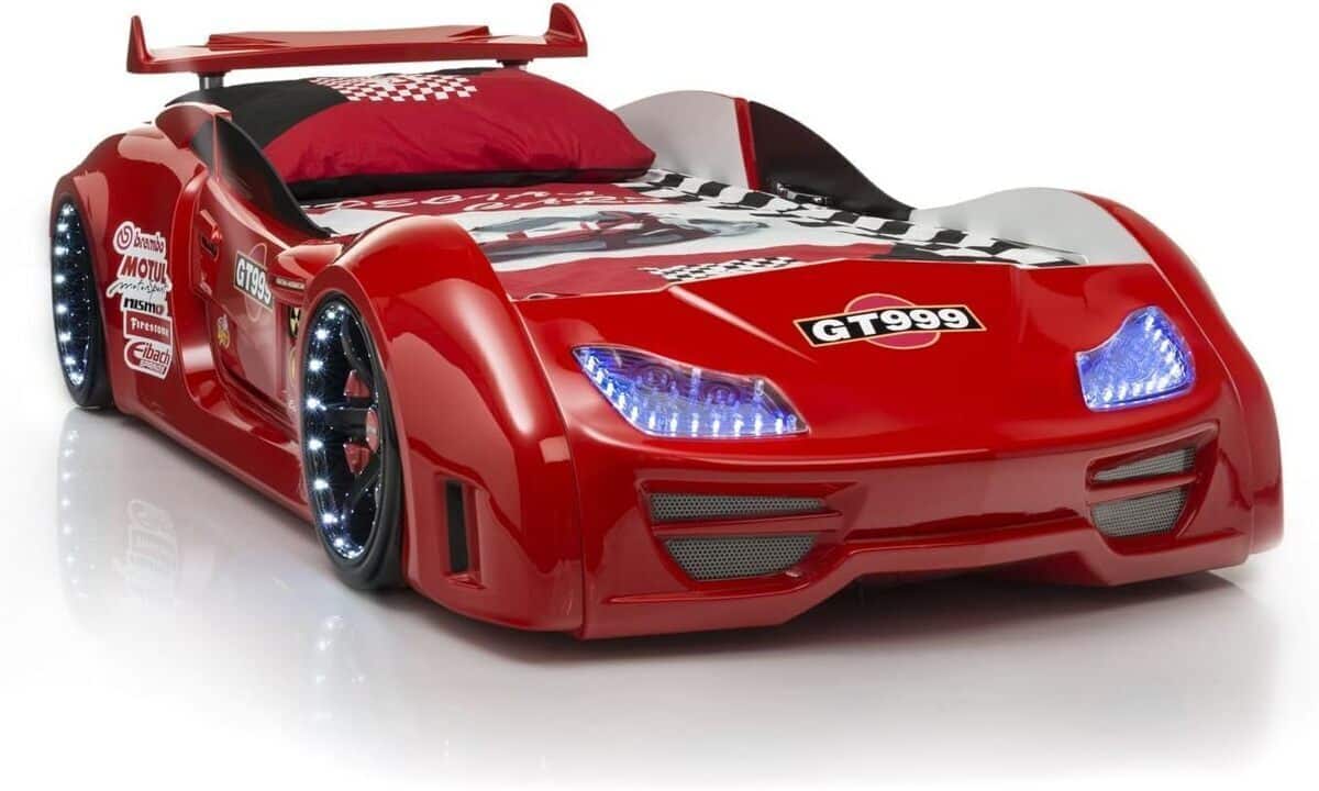 Test du lit de voiture GT 999 rouge avec éclairage LED et portes sonores